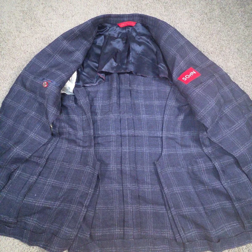 Samuelsohn Wool Linen Blazer 40R Blue Plaid Altered Fits Like 36 S Windowpane